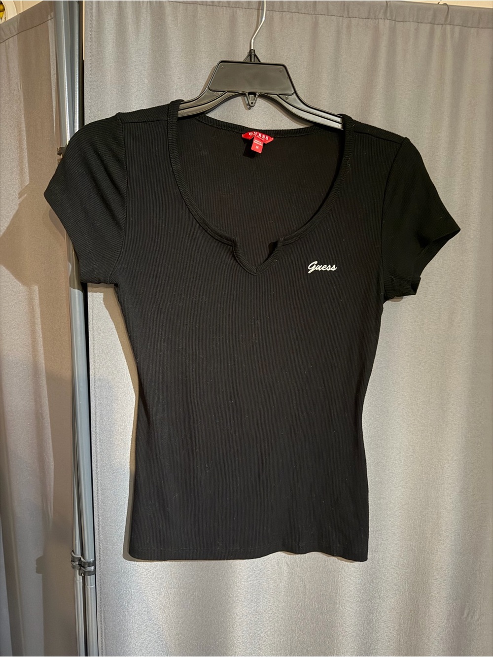 Guess Black Ribbed Short Sleeve Notch-Neck Tee